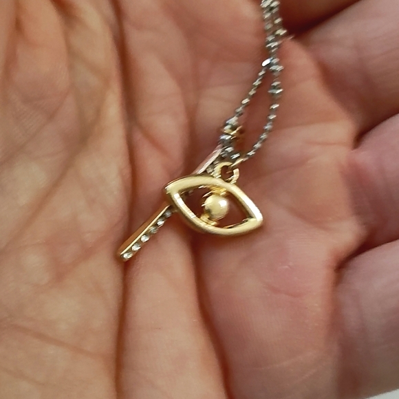 EXPRESS TWO-TONED BALL CHAIN CRYSTAL EVIL EYE AND BAR 16" NECKLACE - Picture 8 of 10